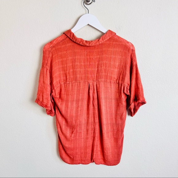Orange Rust Check Self-Tie Short Sleeve Button Down Blouse - Picture 7 of 8
